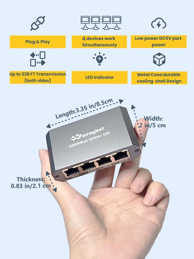 WinRaybot Ethernet Splitter, ethernet hub 4 Port gigabit,Ethernet Splitter 1 to 4,Network hub,Internet Switch 4 Port,netgear Switch (4 Devices Working simultaneously with Gigabit Network) - Image 3